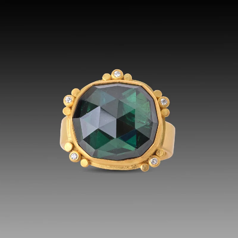 women ring sets -Green Tourmaline Ring with Gold Trios