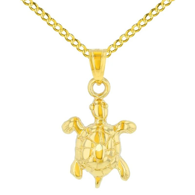 women matching necklaces -14K Yellow Gold Polished Good Luck Turtle Charm Animal Pendant Cuban Chain Necklace