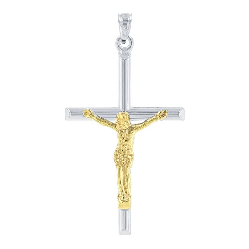 women minimalist necklaces -14k White Gold Two-Tone Tube Cross Charm with Jesus Crucifix Pendant