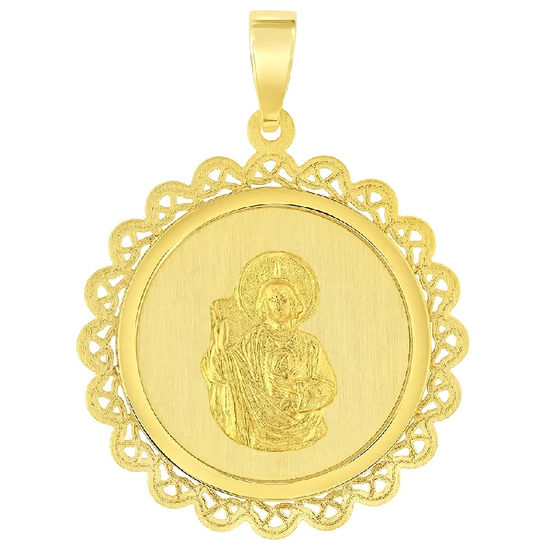 women turquoise necklaces -14k Yellow Gold Round Ornate Miraculous Medal of Saint Jude Thaddeus the Apostle Pendant (1")