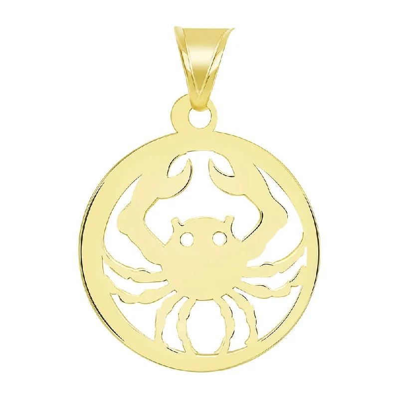 women vintage charm necklaces -Solid 14k Yellow Gold Dainty Round Cancer Zodiac Sign Crab Disc Pendant