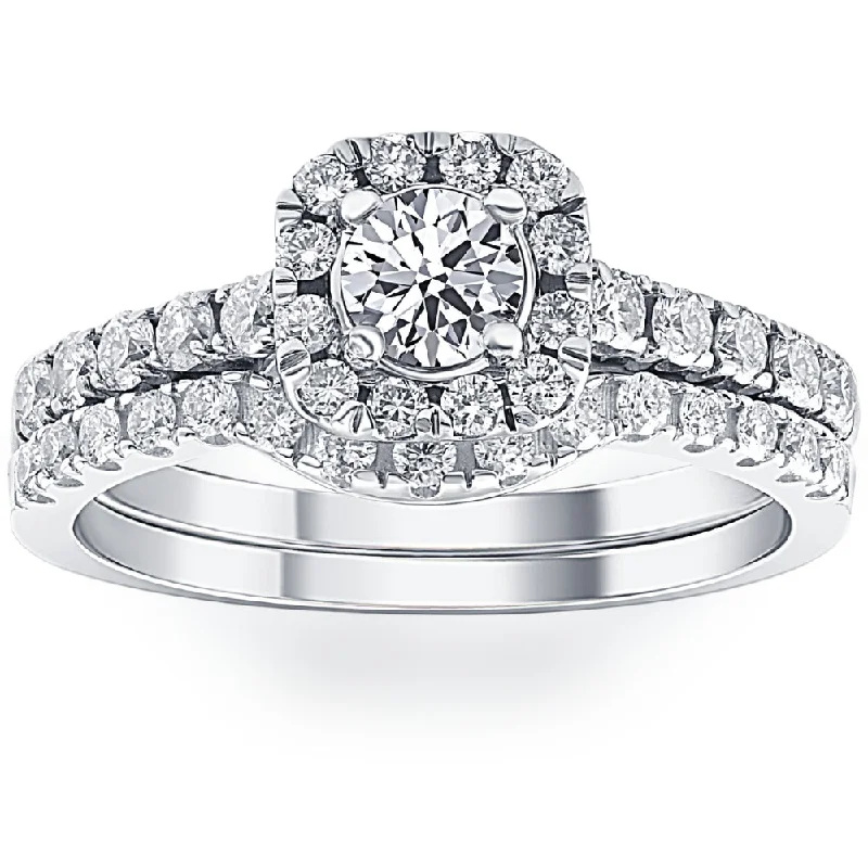 women fancy engagement rings -1 1/4Ct Cushion Halo Diamond Engagement Matching Wedding Ring Set 14K White Gold