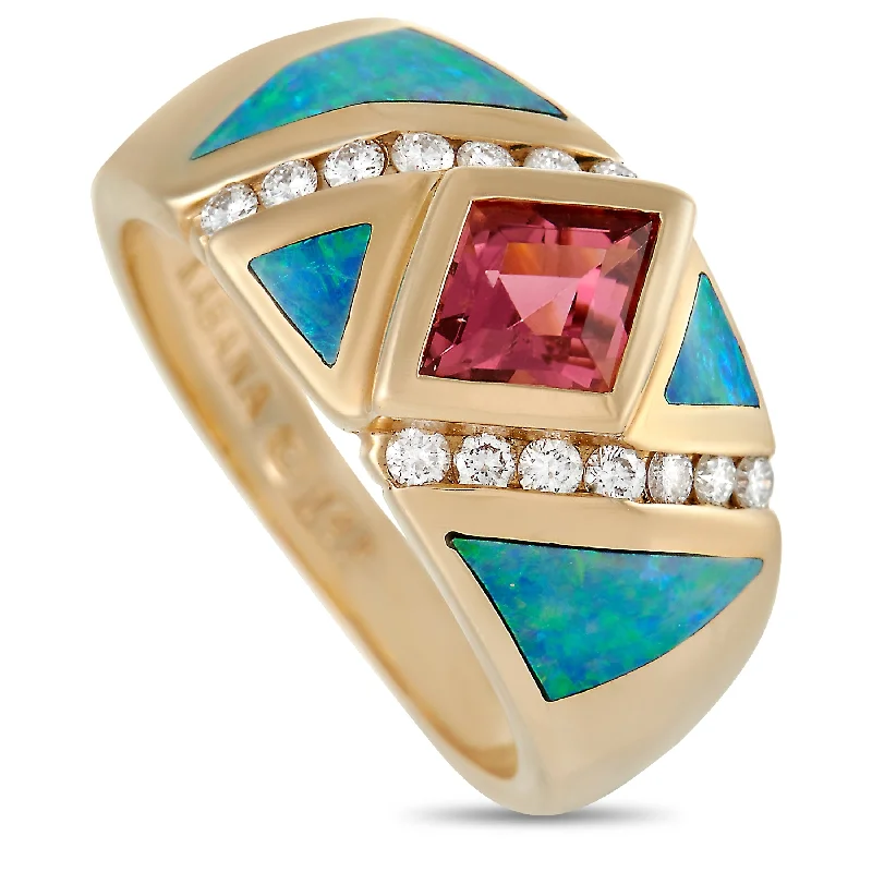 women blue sapphire engagement rings -Kabana 14K Yellow Gold 0.21 ct Diamond, Tourmaline and Inlaid Opal Ring