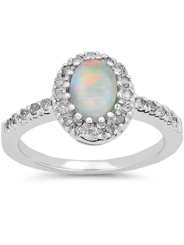 women luxury engagement ring sets -3/4ct Oval Opal & Diamond Halo Ring 14K White Gold