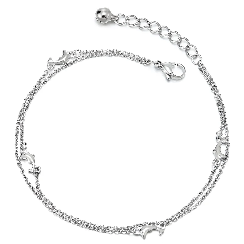 women men’s bracelets -Two-Row Stainless Steel Link Chain Anklet Bracelet with Charms of Dolphins, Jingle Bell, Adjustable