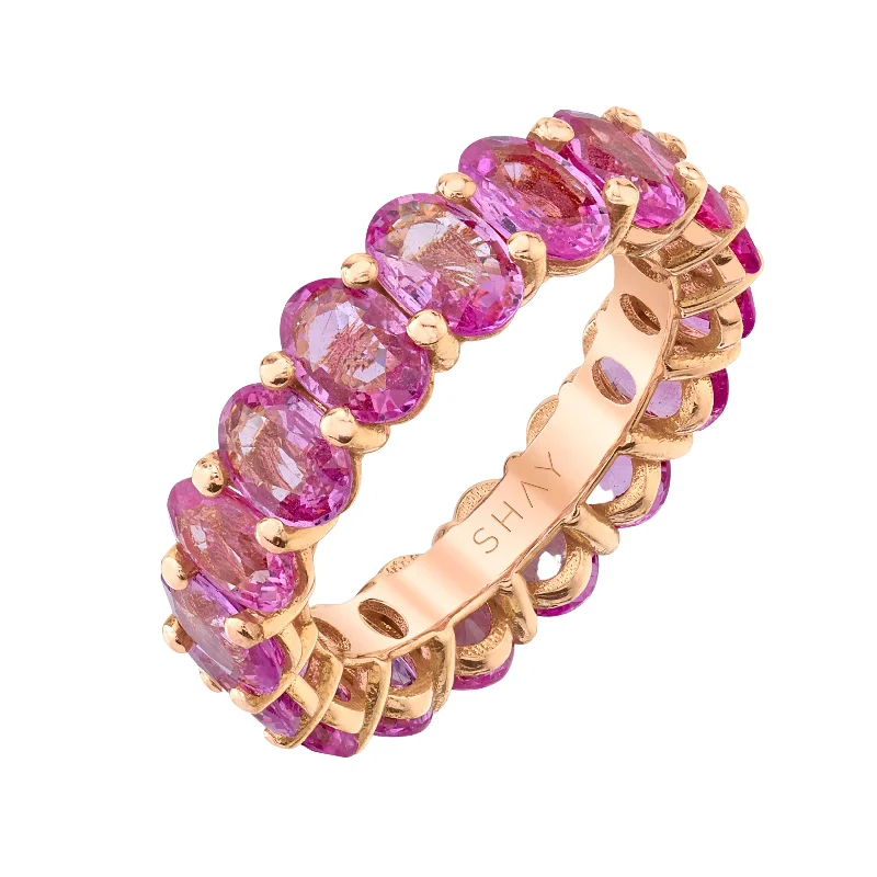 women yellow gold rings -READY TO SHIP PINK SAPPHIRE OVAL ETERNITY BAND