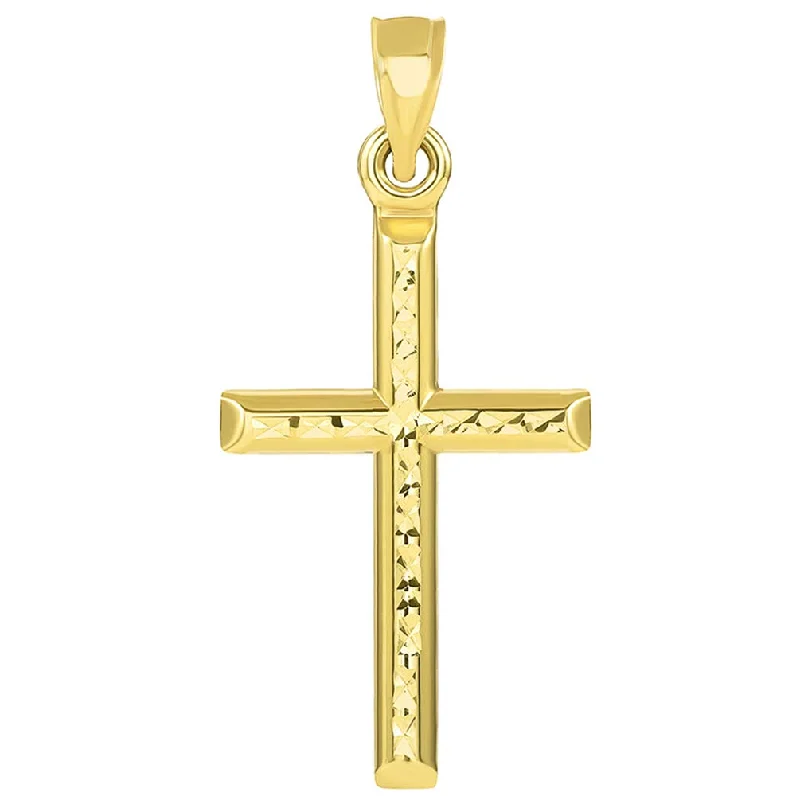 women engraved gold necklaces -14k Yellow Gold Textured Religious Classic Tube Cross Pendant (Small)