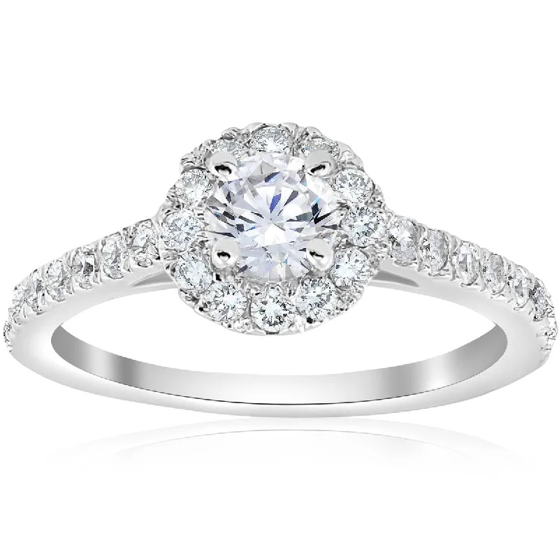 women platinum engagement rings -3/4ct Round Diamond Halo Engagement Ring (3/8ct center) 14K White Gold