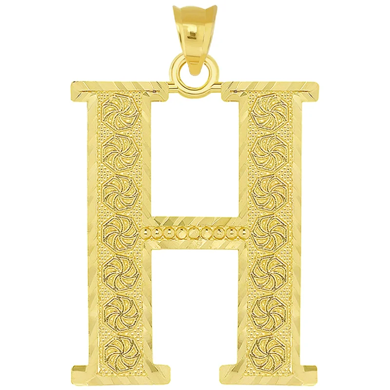 women custom necklaces -14k Yellow Gold Textured Uppercase Initial H Letter Pendant with Eternity Symbols 1 inch