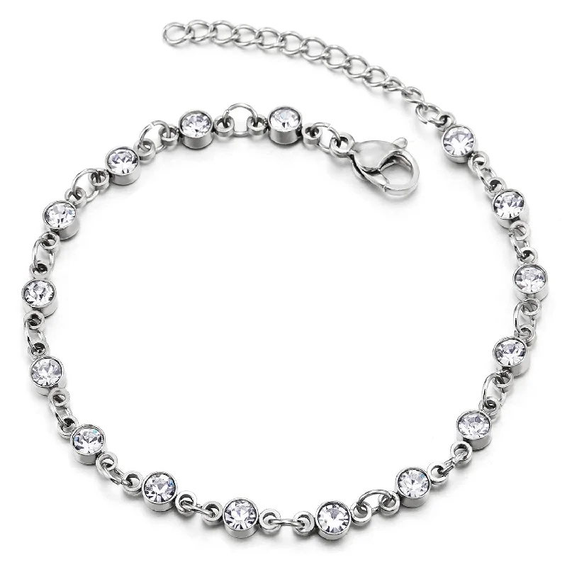 women braided bracelets -Adjustable Steel Link Chain Anklet Bracelet with Circle Charms of Solitaire Cubic Zirconia Sparkling