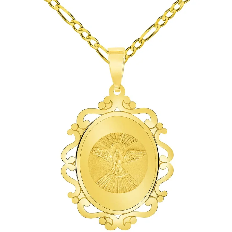 women silver necklaces -14k Yellow Gold Holy Spirit Dove Religious Elegant Ornate Medal Pendant with Figaro Chain Necklace