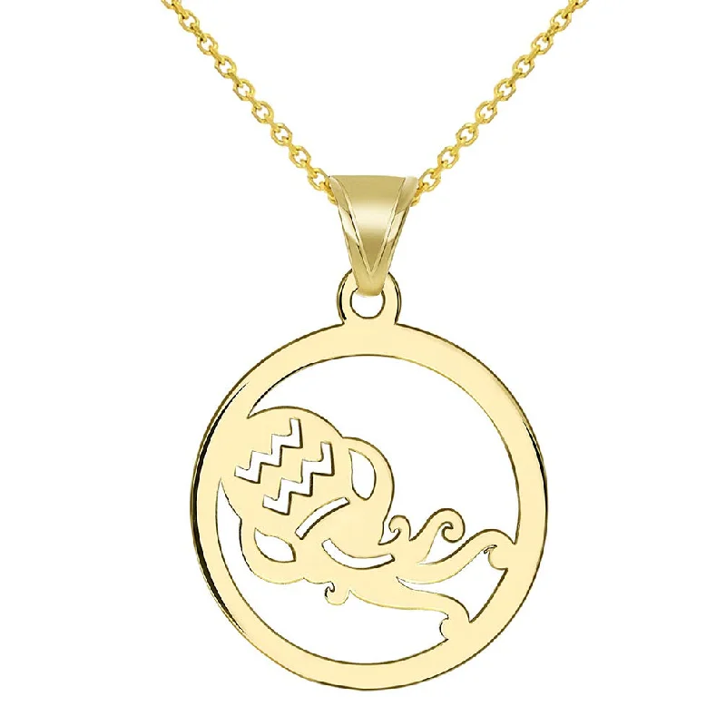 women rose gold necklaces -14k Yellow Gold Dainty Round Aquarius Zodiac Sign Cut-Out Vase Disc Pendant Necklace