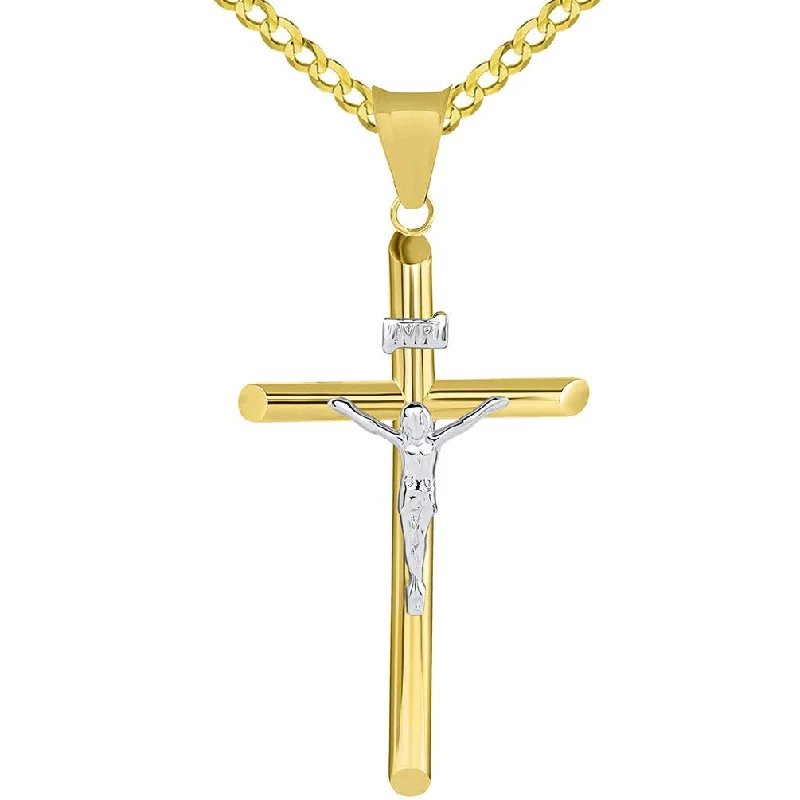 women lock necklaces -14k Two Tone Gold Traditional Catholic Cross INRI Crucifix Pendant with Cuban Necklace