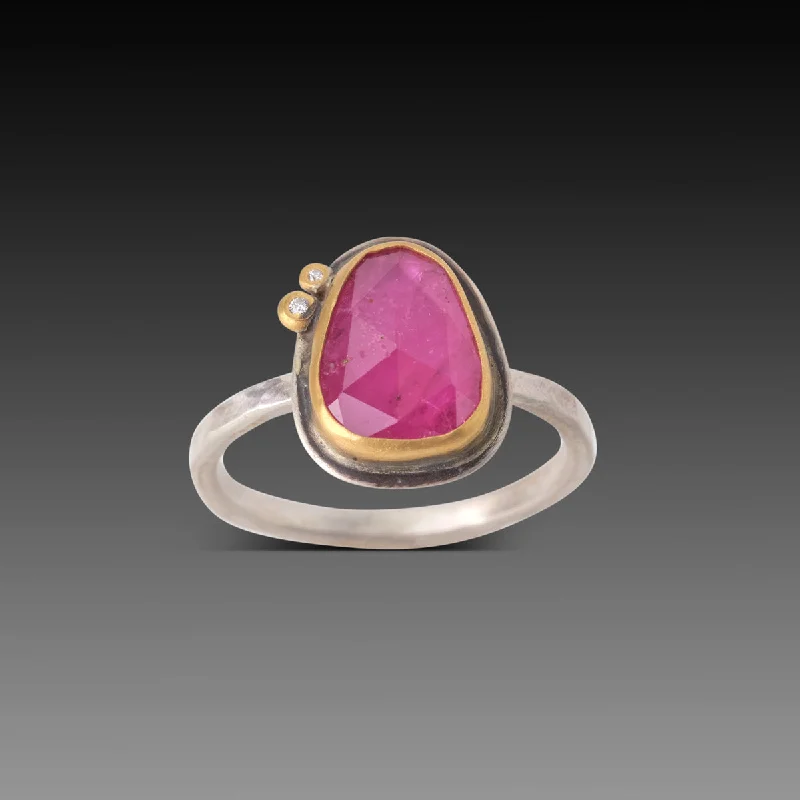 women vintage rings -Rose Cut Ruby Ring with Two Diamonds