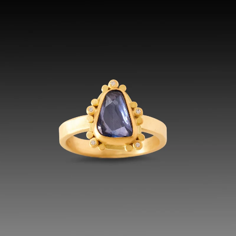 women rose gold rings -Deep Blue Sapphire Ring with Diamond Trios