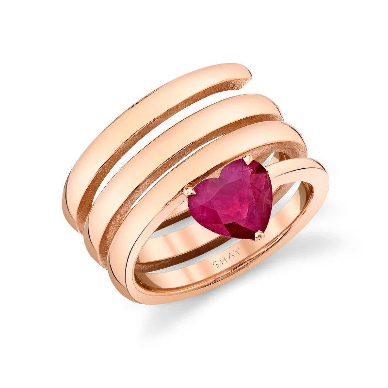 women silver rings -SOLID GOLD RUBY HEART SPIRAL PINKY RING