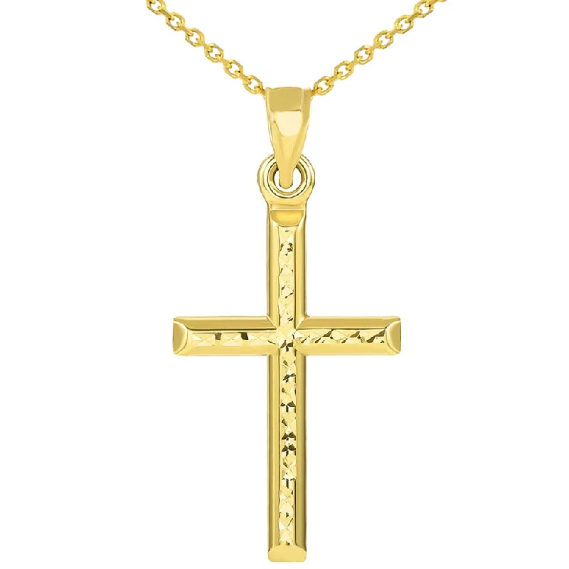 women luxury diamond necklaces -14k Yellow Gold Textured Mini Religious Classic Tube Cross Pendant Necklace