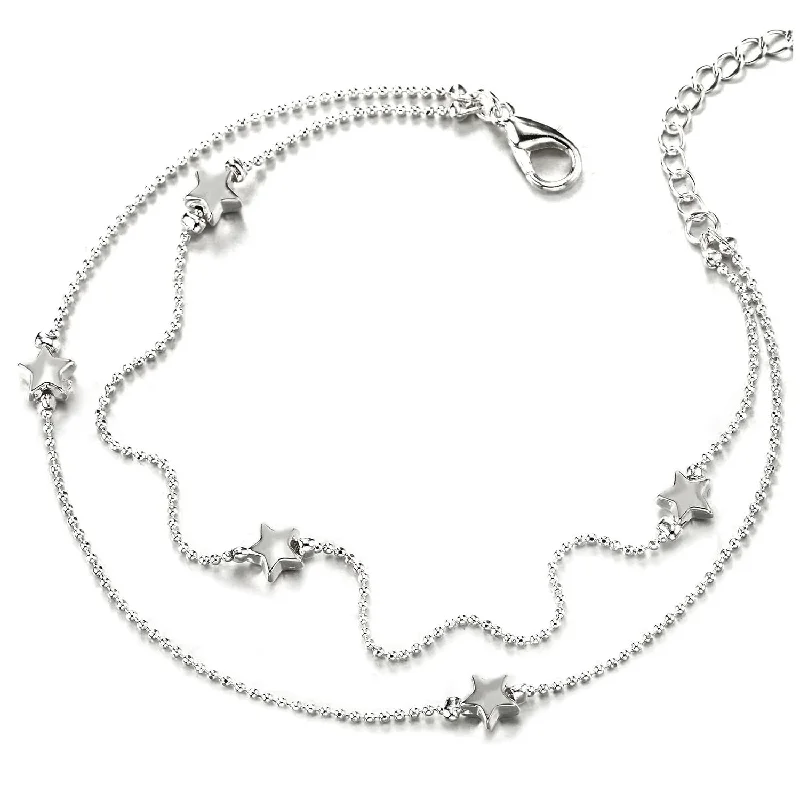 women antique bracelets -Two-Row Ball Chain Anklet Bracelet with Charms of Hollow Stars and Jingle Bell