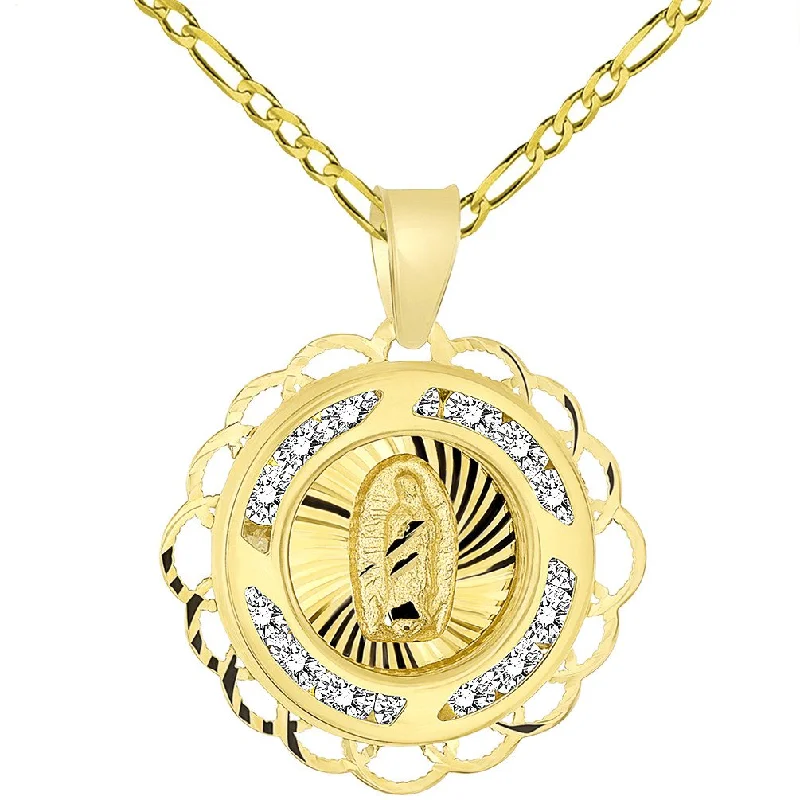 women oversized necklaces -14k Yellow Gold Round CZ Religious Our Lady of Guadalupe Mary Medal Charm Pendant Figaro Chain Necklace