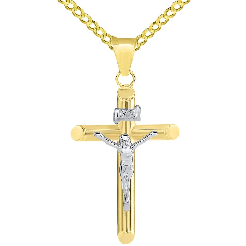 women bridal gold necklaces -14k Two Tone Gold Tubular Cross INRI Crucifix Pendant with Cuban Necklace