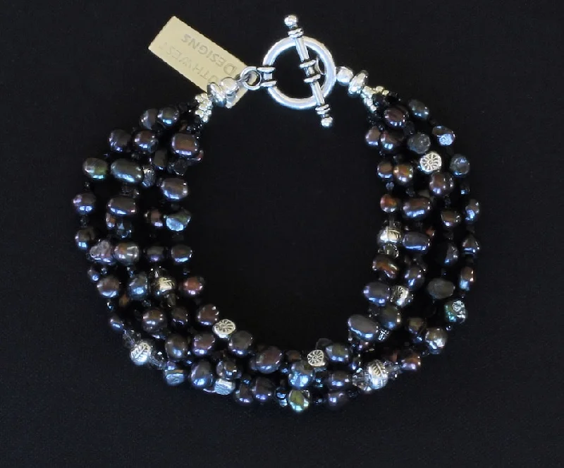 women pearl bracelets -Black Nugget Pearl 5-Strand Bracelet with Sterling Silver Beads, Black Czechoslovakian Nailheads, Crystal Bicones, and a Sterling Silver Toggle Clasp