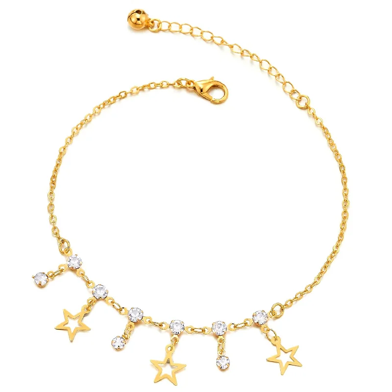 women gold link bracelets -Gold Color Link Chain Anklet Bracelet with Charm of Star Pentagram and Cubic Zirconia, Jingle Bell