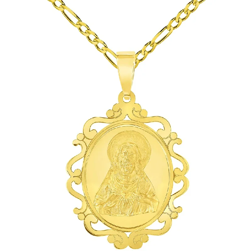 women bridal gold necklaces -14k Yellow Gold Sacred Heart of Jesus Christ On Elegant Ornate Miraculous Medal Pendant with Figaro Chain Necklace