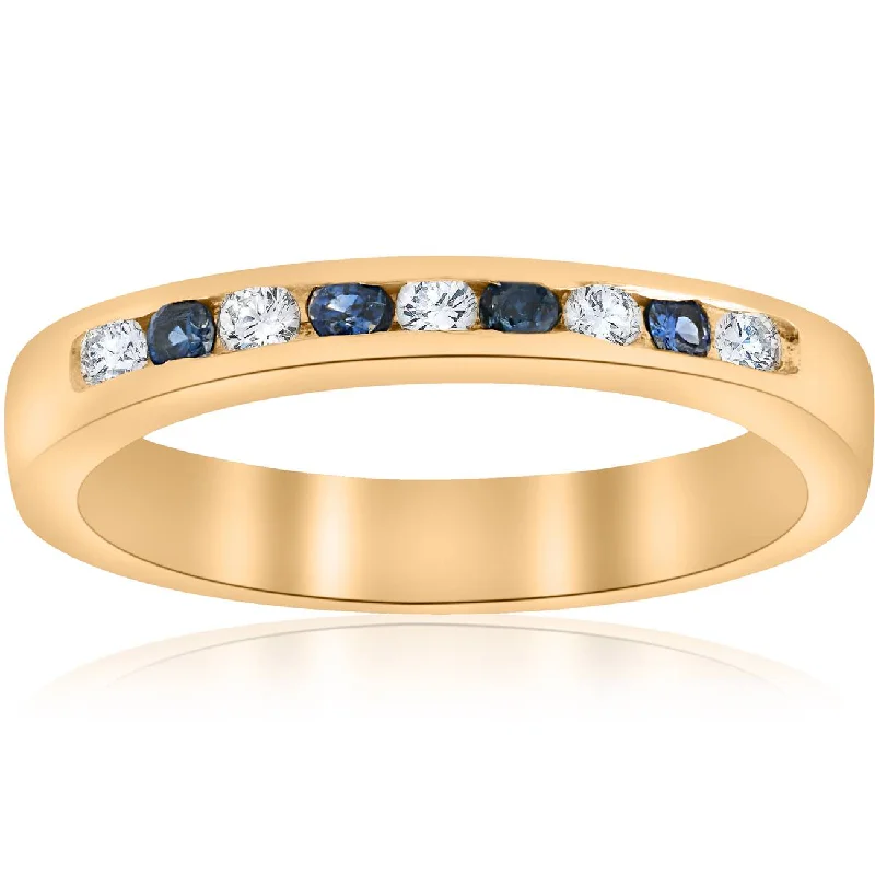 women halo engagement ring sets -1/3ct Diamond & Blue Sapphire Anniversary Wedding Ring 14k Yellow Gold