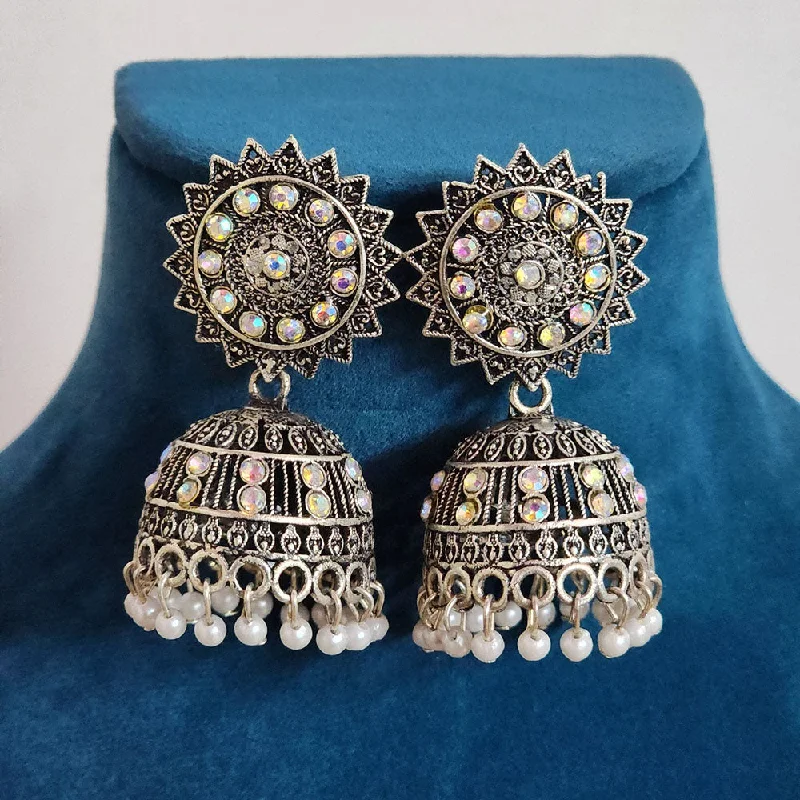 women large hoop earrings -H K Fashion Oxidised Plated Austrian Stone And Pearls Jhumki Earrings