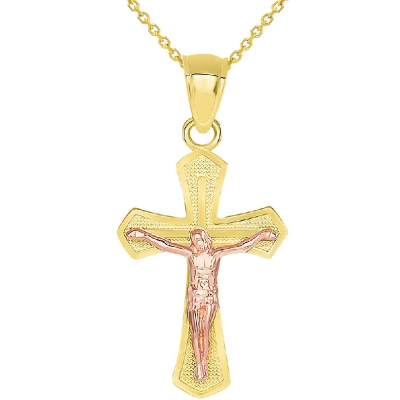 women gemstone necklaces -14k Yellow Gold and Rose Gold Religious Cross Jesus Christ Crucifix Pendant Necklace