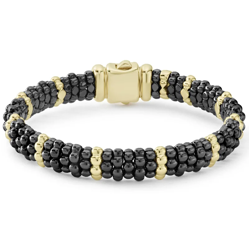 women engraved bracelets -Black Caviar 18K Gold Station Ceramic Beaded Bracelet | 9mm