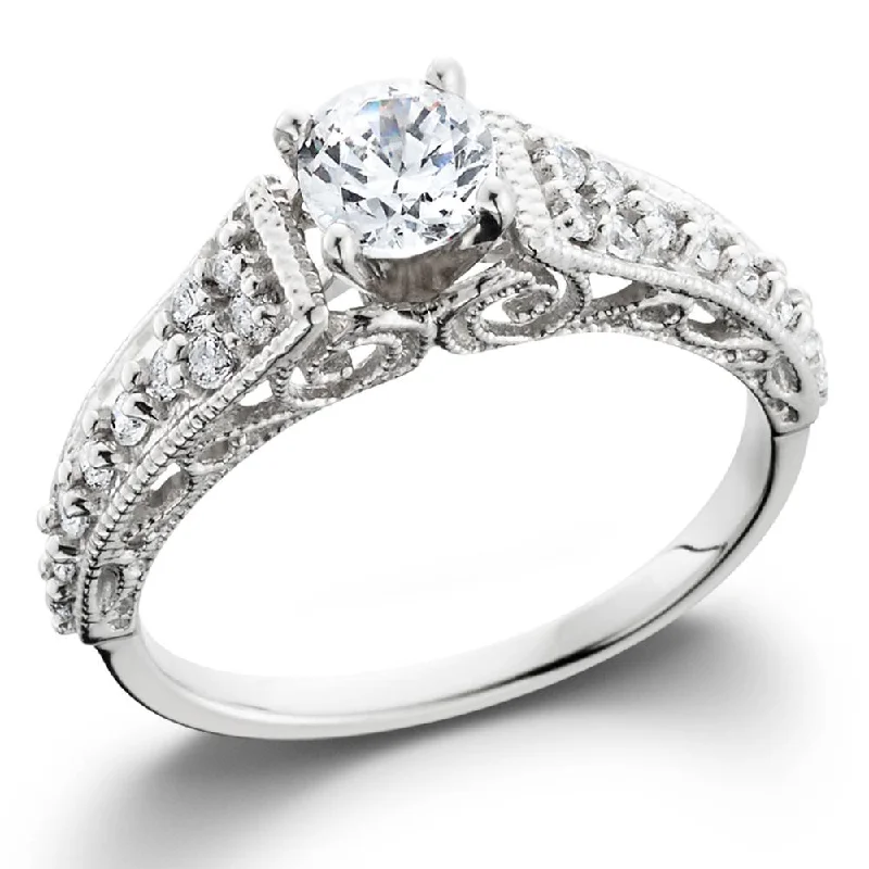 women white gold engagement rings -1/2ct Vintage Filigree Diamond Engagement Ring 14K White Gold