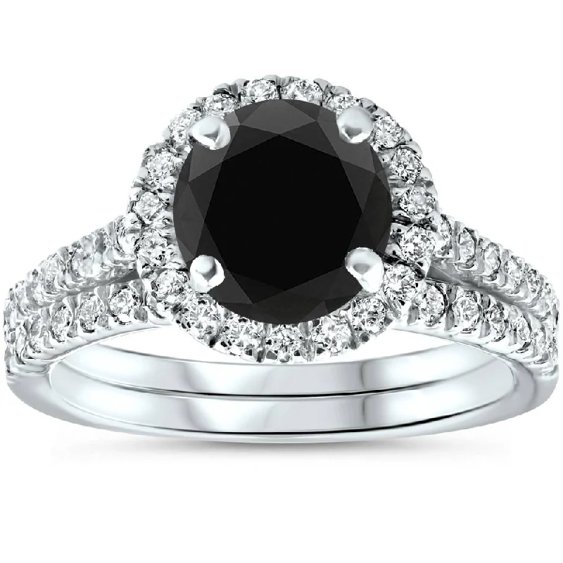 women romantic engagement rings -2 1/2 Ct Treated Black Diamond Halo Engagement Wedding Ring Set 14K White Gold