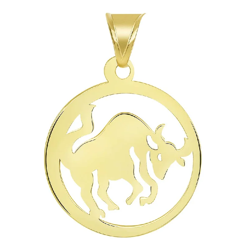 women geometric necklaces -Solid 14k Yellow Gold Dainty Round Taurus Zodiac Sign Bull Disc Pendant