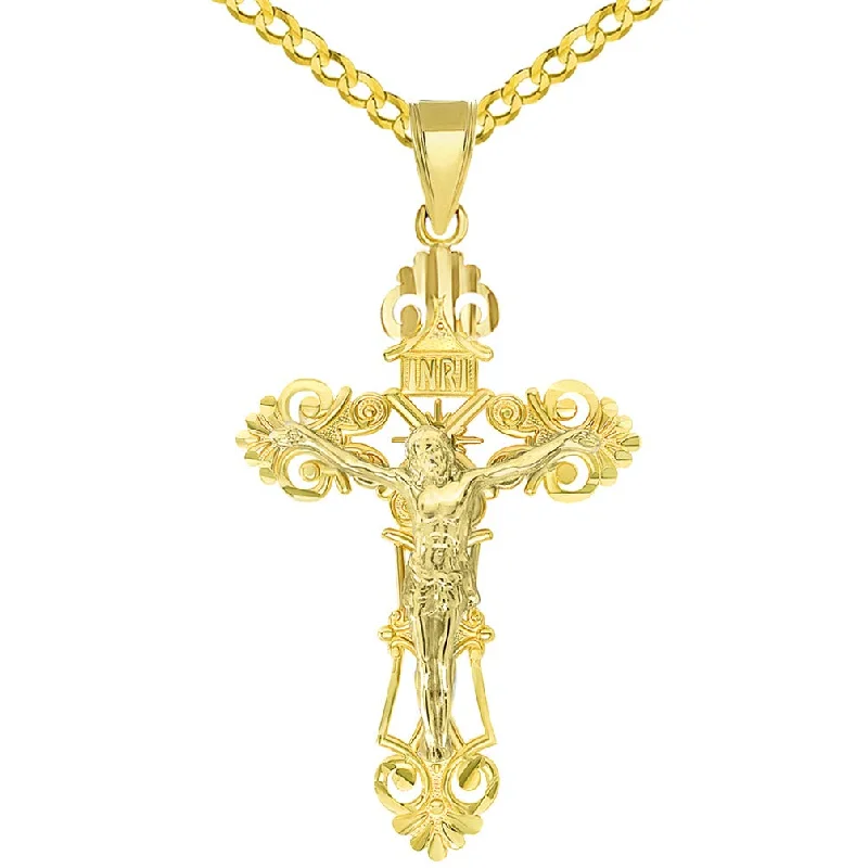 women layered necklaces -Solid 14K Yellow Gold Roman Catholic Cross with Jesus INRI Crucifix Pendant with Curb Chain Necklace