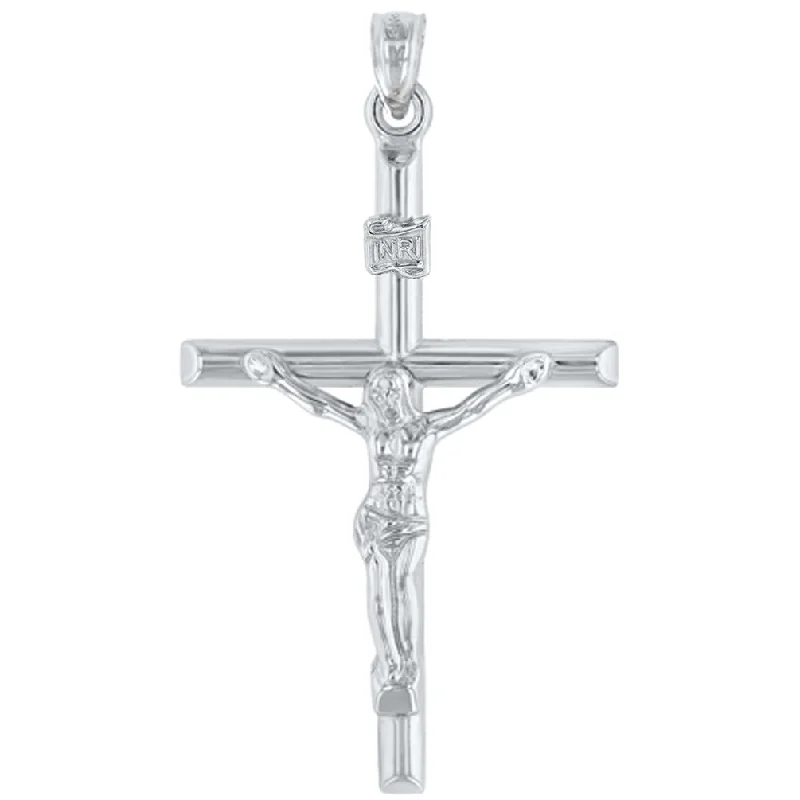 women heart-shaped necklaces -14K White Gold INRI Crucifix Tubular Simple Polished Cross Pendant