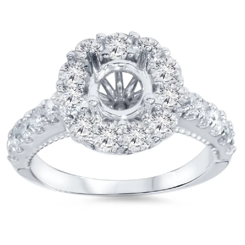 women luxury engagement ring sets -1ct Halo Diamond Engagement Ring Setting 14K White Gold