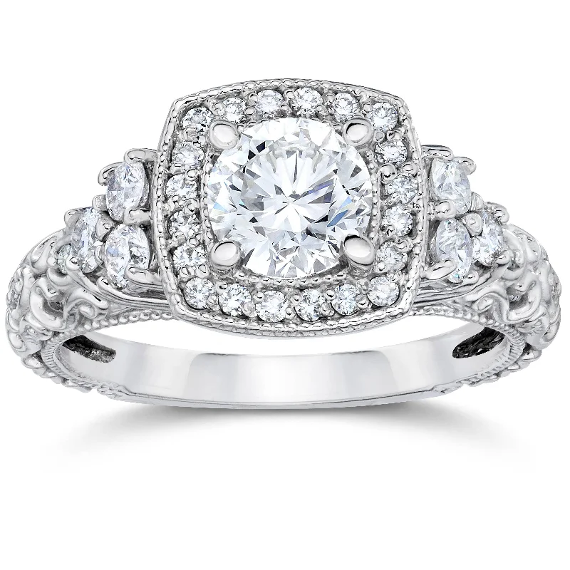 women designer engagement rings -1CT Cushion Halo Round Diamond Vintage Engagement Ring 14K White Gold