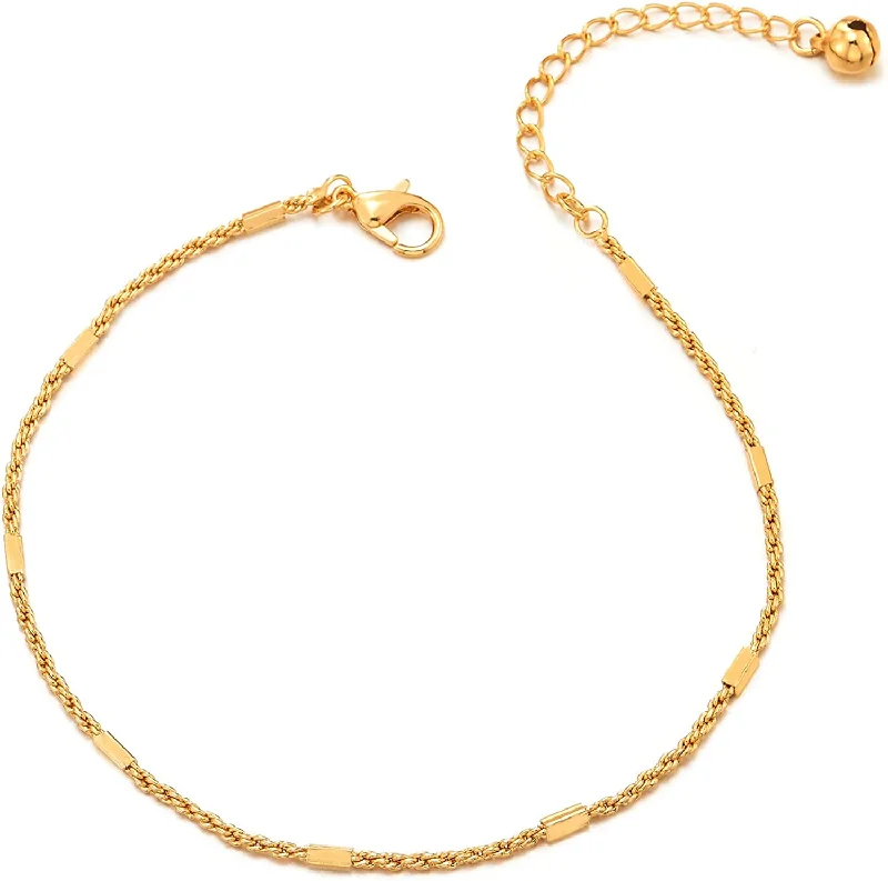 women gemstone bangles -Thin Gold Color Braided Link Rope Chain Anklet Bracelet with Jingle Bell, Adjustable