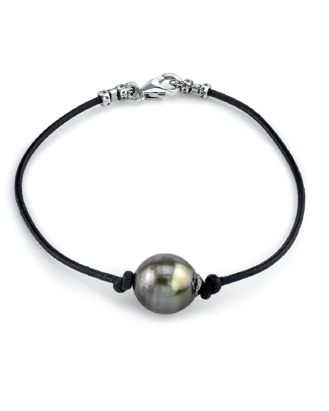 women engraved bracelets -Black Tahitian Baroque Pearl on Leather Bracelet