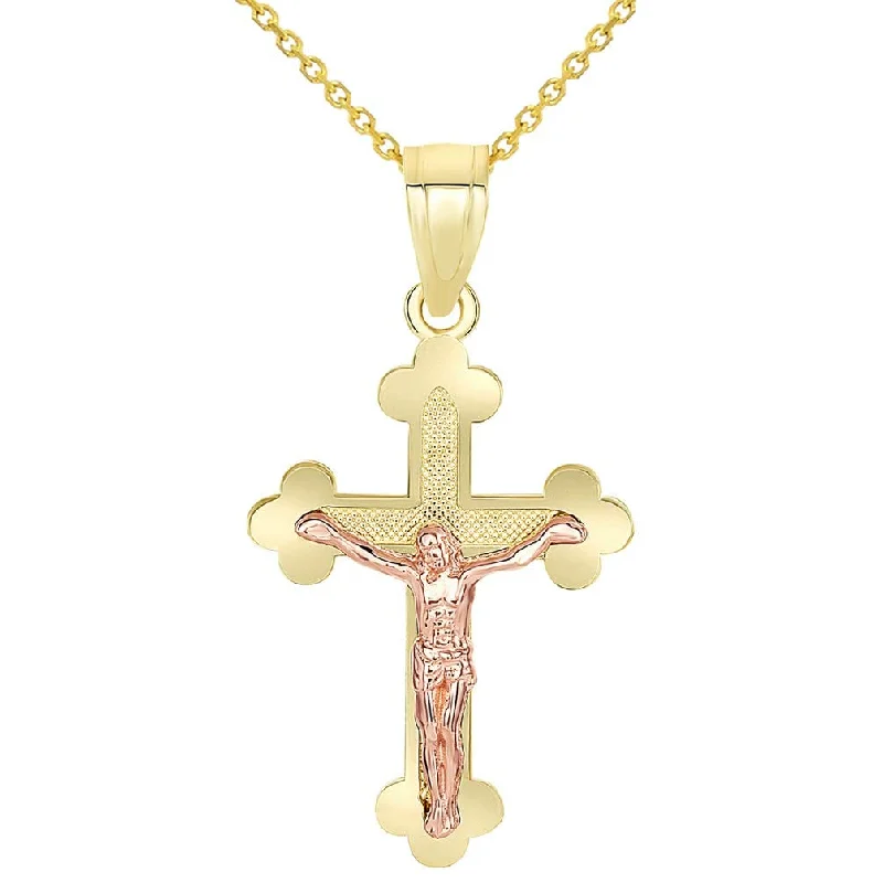 women engagement necklaces -14k Yellow Gold and Rose Gold Eastern Orthodox Cross Crucifix Charm Pendant Necklace