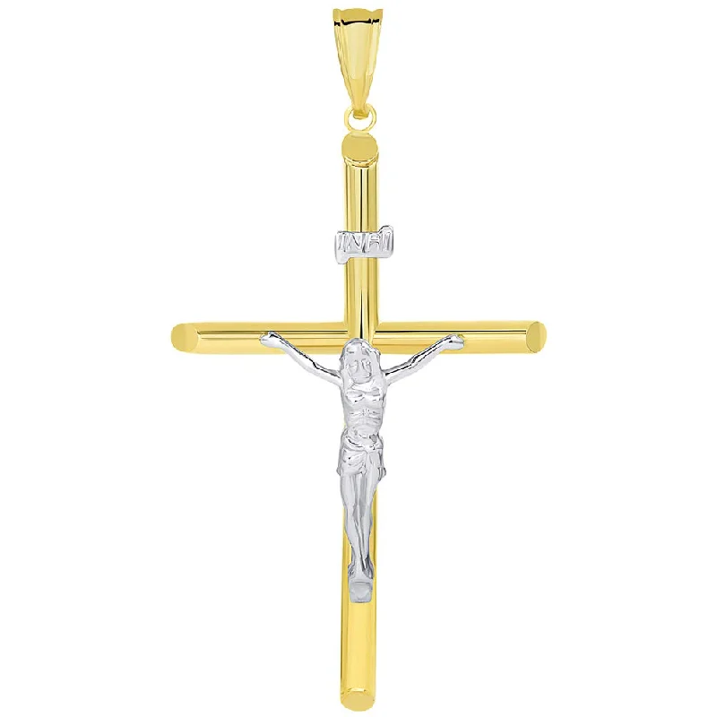 women eco-friendly necklaces -14k Two Tone Gold Large Christian Tube Cross Charm INRI Crucifix Pendant