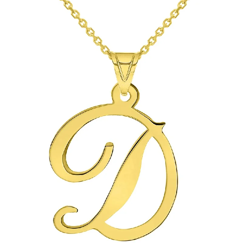 women trendy gold necklaces -14k Yellow Gold Dainty Uppercase Script Initial D Cursive Letter Pendant Necklace