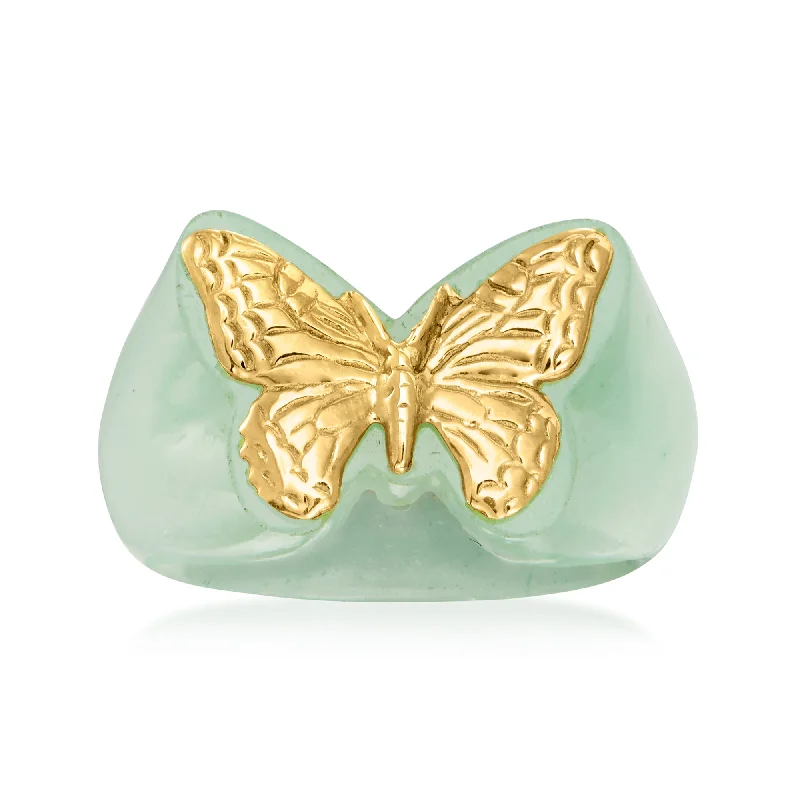 women custom wedding rings -Ross-Simons Jade Butterfly Ring in 14kt Yellow Gold