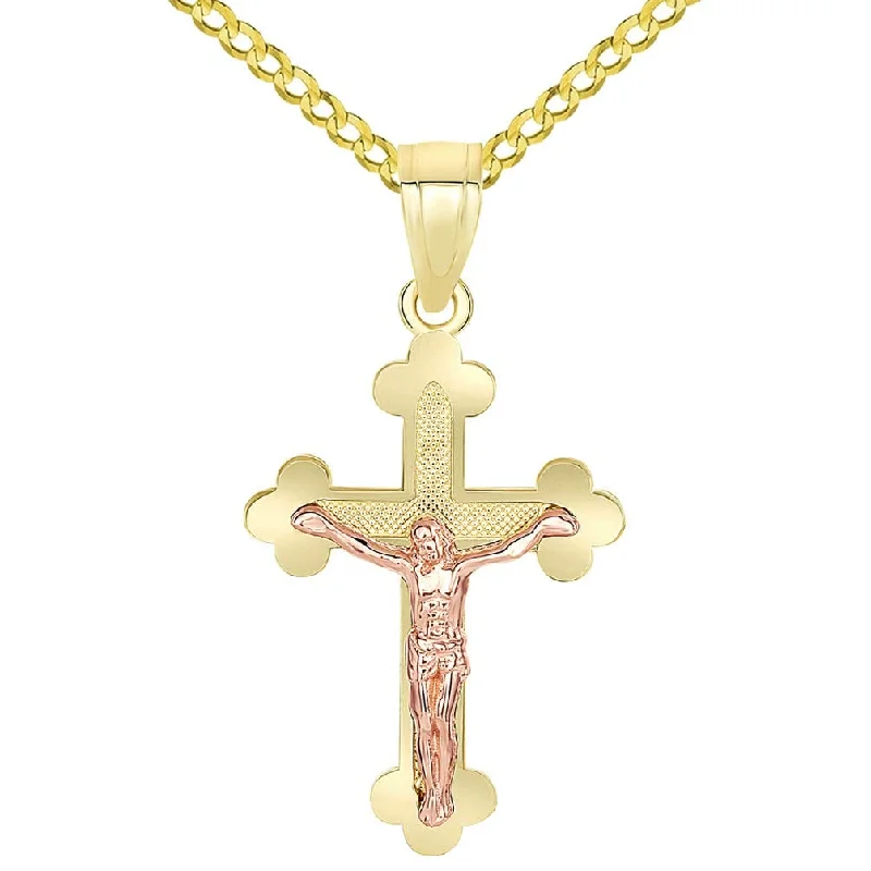 women luxury diamond necklaces -14k Yellow Gold and Rose Gold Eastern Orthodox Cross Crucifix Charm Pendant Curb Chain Necklace