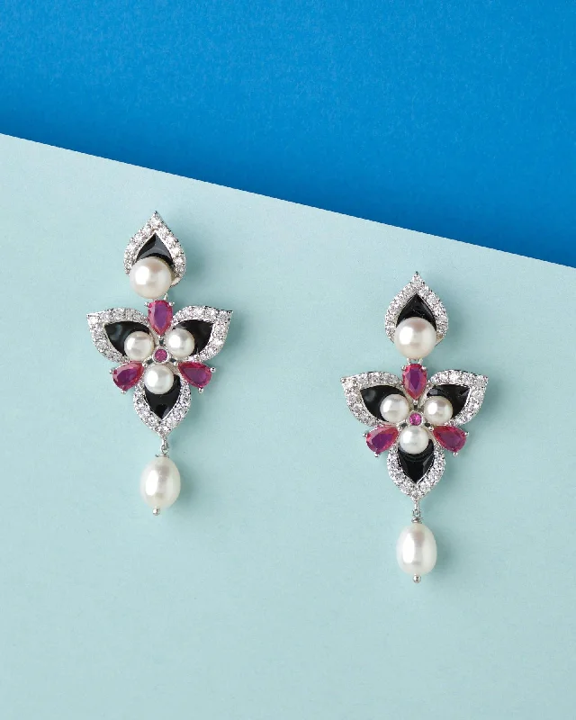 women fancy earrings -Lovely Flowers Stone Studded Pearl Earring