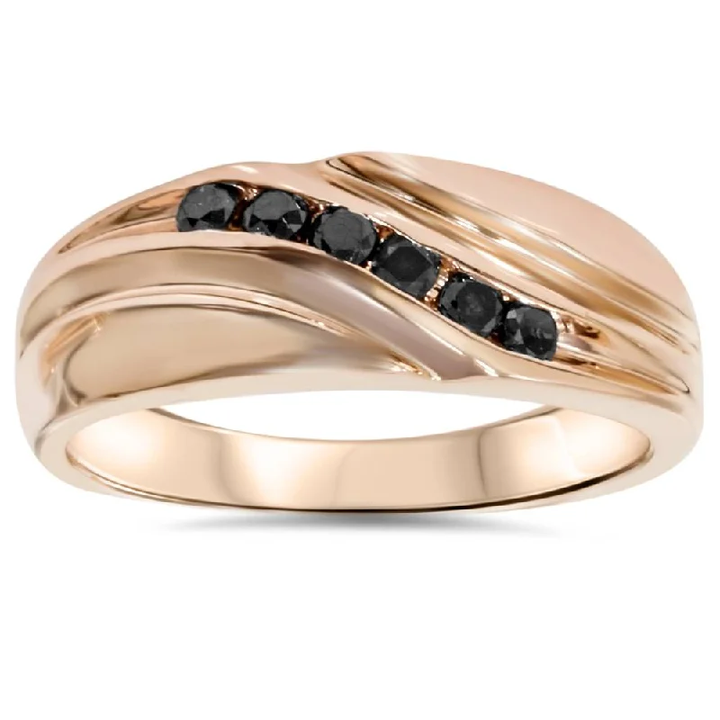 women diamond ring engagement sets -1/4ct Black Diamond Mens 14K Rose Gold Wedding Ring