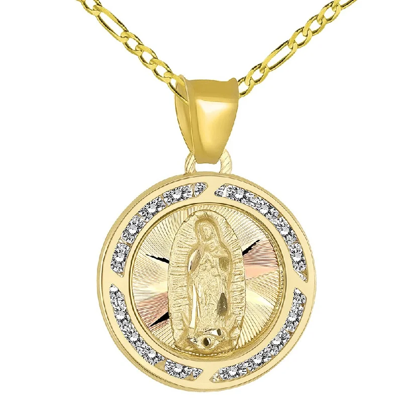 women short necklaces -14k Yellow Gold Round CZ Religious Our Lady of Guadalupe Mary Medal Pendant Figaro Chain Necklace