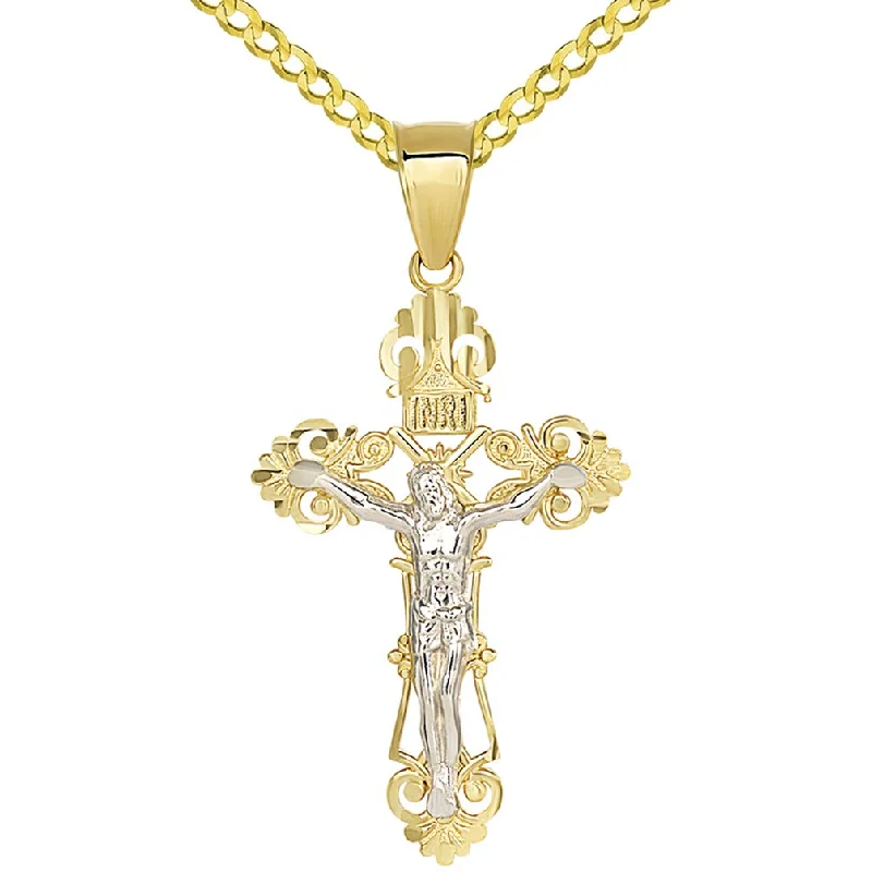 women diamond necklaces -Solid 14K Two-Tone Gold Roman Catholic Cross Charm with Jesus INRI Crucifix Pendant with Cuban Necklace