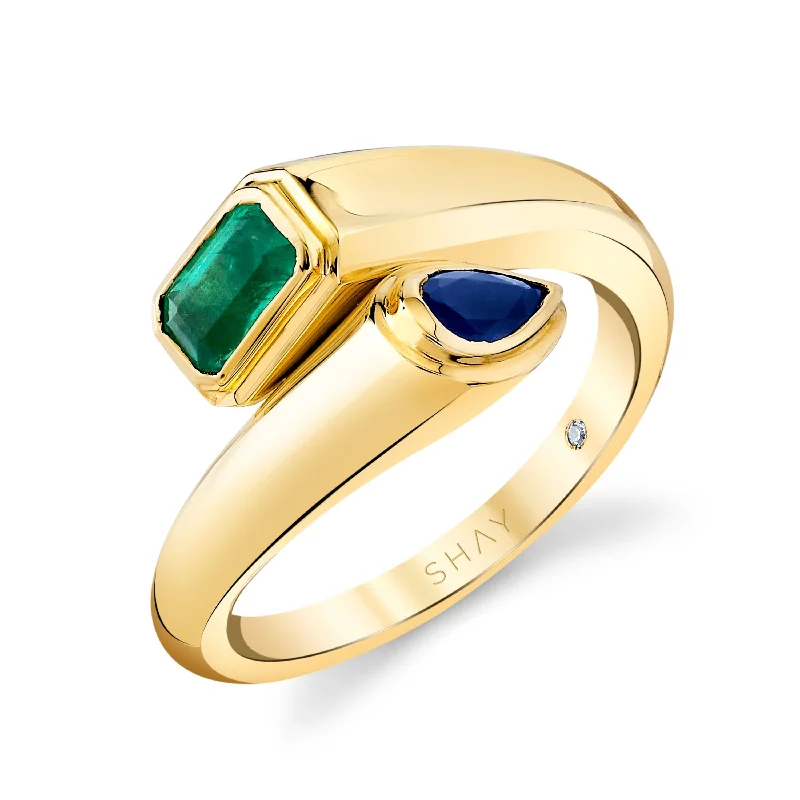 women bold rings -EMERALD & BLUE SAPPHIRE MIXED BYPASS PINKY RING